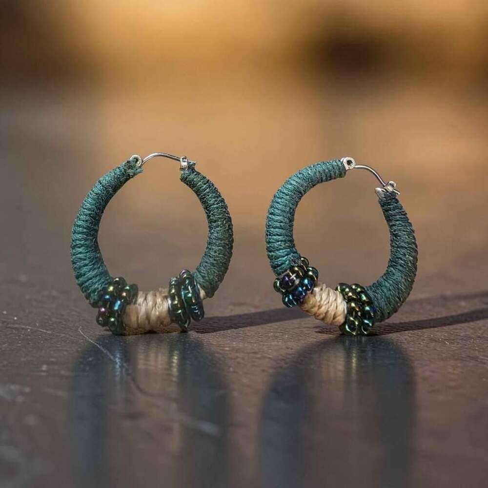 Handmade Thread-Wrapped Hoop Earrings with Iridescent Beads